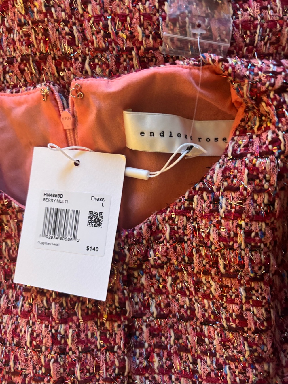 Endless Rose Pink Tweed Puff-Sleeve Button Dress NWT - Picture 4 of 4